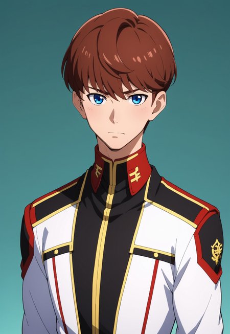 score_9, score_8_up, score_7_up, source_anime, cowboy shot, front view, BREAK, ( jona_basta, brown hair, blue eyes, best eyes, eff uniform, looking at viewer, grim expression, ) 1boy, male focus, solo, BREAK, 