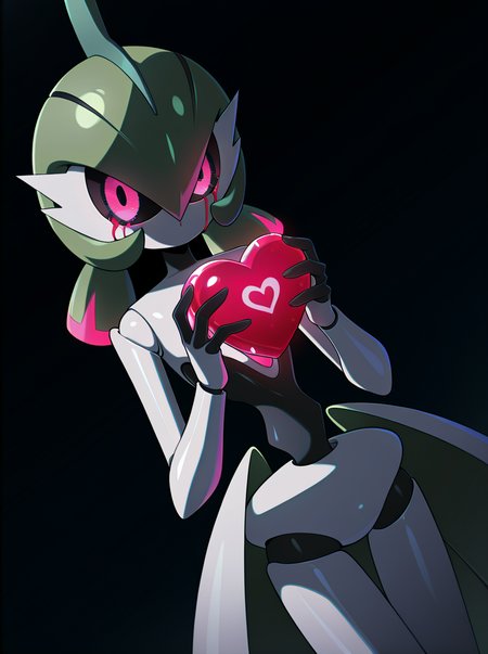 masterpiece, best quality, amazing quality, very aesthetic, absurdres, newest  anime screenshot,  anime coloring,  <lora:ironvalinatillust:1>green hair, ironvaliantillust, pokemon (creature), colored skin,, white skin, pink eyes, humanoid robot,  holding heart,  looking at viewer,  simple background,  black background, dutch angle, broken_heart  blood from eyes,   night, dark_light