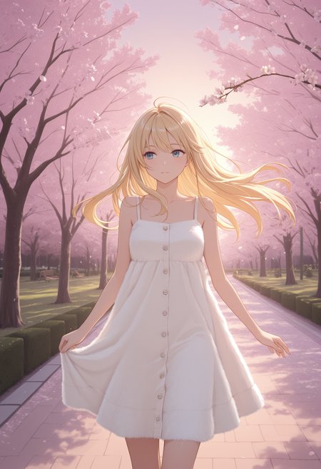 masterpiece, best quality, 
1girl, blonde hair, long hair, 
sundress, fur dress,
park, cherry blossoms, floating hair, buttons, evening, 
<lora:real_fur_v0.4-illu10:1>