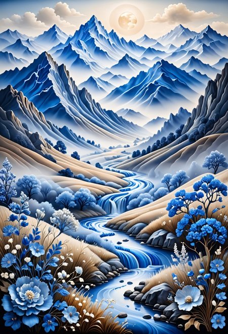 Gorgeous landscape,mountains in the distance,fogg rolling hills,Bluepatternporcelain ,blue fluid,gems,dried flowers,hyperrealistic,see-through