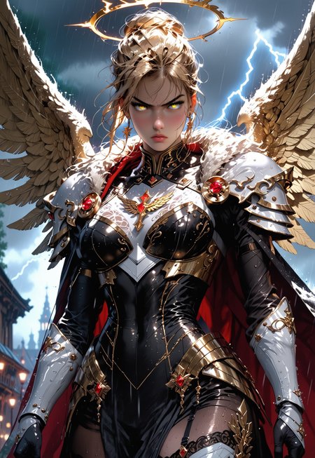 safe_pos, 1girl, sfw, gorgeous, freckles, shiny wet skin, detailed skin, detailed face, fierce:2, angry, intense glare, arched back:2, dynamic pose:2, perfect eyes, eye contact, black pupils:1.5, piercing gaze, glowing eyes, enormous valkyrie wings:2, flaming halo, decorative mystic armor, huge wings:2, action pose, slight cleavage:0.2, slight skin:0.5, armored skirt:2, billowing skirt, skirt, flowing cape, intricate armor, shiny armor, perfect hands:2, perfect fingers, eyeliner, relaxed hands, covered breasts, thigh highs, leggings, armored boots, armored thighs, exposed neck, exposed collar bones:1.5, exposed lower thigh, showing slight leg,
BREAK
public place:2, outdoors, rain, rainy day, dark sky, dusk, lightning strike:2, stormy sky, lightning in sky, huge valkyrie wings behind her, 
BREAK
score_9, score_8_up, score_8, masterpiece, best quality, official art, extremely detailed, absurdres, high definition, photorealism, detailed shading, high contrast, ambient occlusion, 
BREAK
dynamic angle:1.5, cowboy shot:1.5, focus face, 

expressiveh, g4n1m3, comicbookpage style, mythp0rt, 