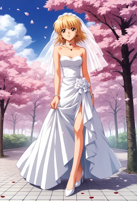 score_9, score_8_up, score_7_up, score_6_up, score_5_up, score_4_up, BREAK, source_anime,
1girl, cagalli, blonde hair, brown eyes,
choker,  necklace, bracelet, white high heels, strapless wedding dress, 
petals, cherry trees, solo, japanese park background       <lora:CagalliYulaXL:1>