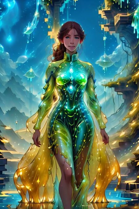 (masterpiece,best quality,absurdres,beautiful,aesthetic,detailed),<lora:tool_addDetail:0.25>,
perfect eyes, perfect face, (1girl, solo, adult female, mature female), (realistic skin texture),
<lora:costume_bioluminescentDress:0.9> bioluminescent dress, (blue eyes:1.2)
auburn, quiff hair, long hair, 
huge breasts, (muscular:1.2), , medium breasts, ,
 <lora:costume_liquidDress:1.0> bioluminescent liquid dress, dripping bioluminescent dress, leg slit,
looking at viewer, sexy pose, contrapposto, smirk, (smug:1.2), (smile:1.2), dripping wet hair, (long dripping liquid bioluminescent gloves), (slime:1.4), (dripping sticky wet shiny bioluminescent slime:1.4), 
(dark background:1.2), (night time:1.4), (starry sky:1.4), (long sleeves:1.4),easynegative, negative_hand, fcNeg, bioluminescent dress, liquid dress, cyborggirl, cyborg, mecha,
