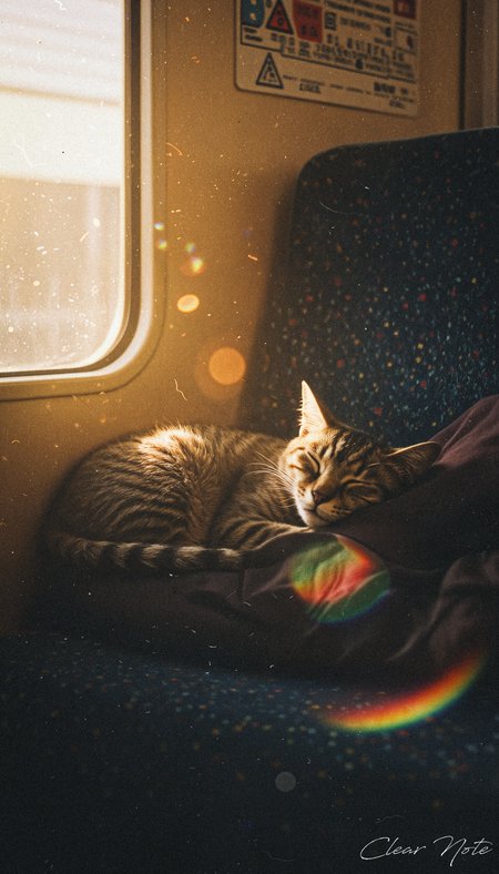 Japanese Culture Style, Emotional Photos, 35mm film, soft focus, Japanese cat sleeping on a train seat, Warm atmosphere