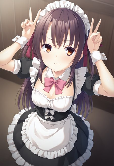 masterpiece,best quality,amazing quality,absurdres,aesthetic,newest,
yakumoazusa \(haison\), 1girl, solo,brown hair,brown eyes,long hair, hair between eyes, two side up, sidelocks, 
closed mouth, distain, brown eyes, down-slanting eyebrows,
usa piece,double vï¼arms uptri tails hair,
maid, maid headdress,medium breasts,
from above, cinematic angle, looking up, 
 <lora:usapiece_Illust_v1:0.9> <lora:yakumo_azusa_vpred10_v11:1.0000000000000002>