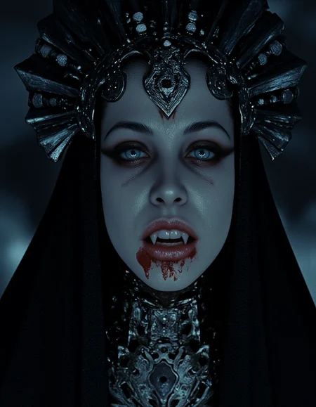 Cel Shaded Art, UHD, 8K, ultra detailed, a cinematic photograph of melancholic <lora:AITK-fluxCine2:1> cinematic, film still, screengrab, half veiled faced, <lora:wet_sweat_and_perspire:1> wet, sweaty, perspire <lora:Akasha_Queen_of_the_Damned_F1-GMR:1> sharp fangs, A close-up, gothic-inspired composition featuring a model shrouded in an embellished avant-garde veil, crafted with intricate baroque patterns, metallic filigree, and occult symbols subtly woven into the fabric. The veil cascades like a spectral shroud, partially obscuring the modelâs face, which is illuminated by a faint, otherworldly glow that highlights striking bone structure and piercing, ethereal eyes. The limited color palette consists of deep black, smoky greys, and muted silver, with subtle accents of blood red. The background is a void-like darkness with faint, swirling mist and occult sigils barely visible in the shadows. The atmosphere is ominous yet divine, suggesting apotheosis, with delicate lighting creating dramatic contrasts. The overall design is sharp, hyperdetailed, and styled as intricate gig poster art, balancing dark mysticism with avant-garde elegance. <lora:ChildrenOfTheNight:1> vampire,, beautiful lighting, great composition, 2D, flat color, toon shading, cel shaded style