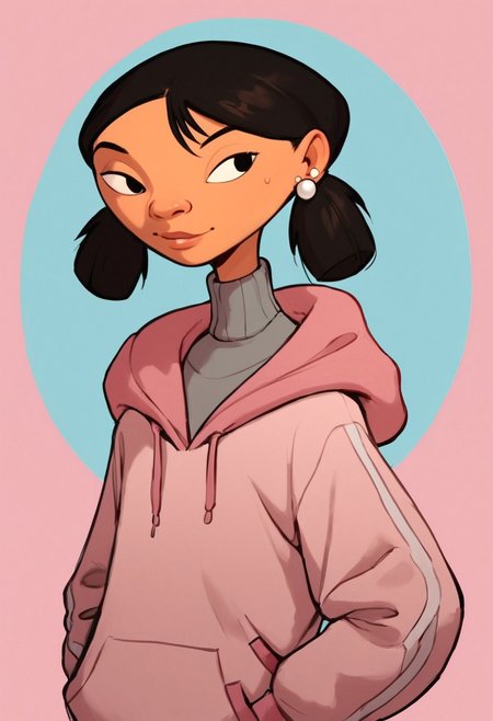 score_9_up, score_8_up, score_7_up, score_6_up,),  (high quality), (high resolution), Expressiveh, (Elaine Pituskin, dark-skinned female, light brown skin, black eyes, black hair,  short twintails, low twintails, pearl earrings, grey turtleneck shirt, pink hoodie, hood down, oversized hoodie, grey sweatpant with pink stripes, white shoes,), standing, looking at view, upper body, front view,  BREAK, colorful background, pink background, blue background, BREAK, score_9, score_8, score_7,