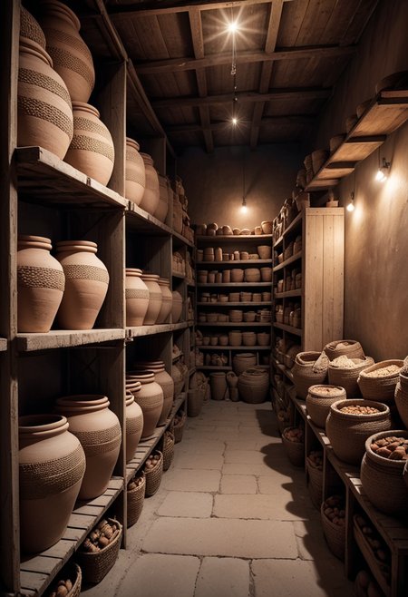 photo of Storage Room, Dimly lit space with rows of large clay jars, baskets filled with dried foods, bundles of cloth stacked on shelves, wooden crates, dusty cobwebs in the corners, during winter, in the evening ,Masterpiece,best quality, raw photo, realistic, very aesthetic