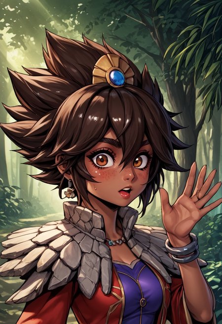 score_9, score_8_up, score_7_up, score_6_up, score_5_up, score_4_up, score_9, score_8_up, score_7_up, detailed, intricate details, chromatic aberration,  veins source_anime, , (best quality) , (highly detailed) ,((masterpiece)), ((best quality)), (ultra-detailed), ((extremely detailed)), (high resolution), 4K, (8K), best quality, (beautiful), (dynamic lighting), (super detailed skin), sharp focus, (1_girl, solo focus),  score_9,score_8_up,score_7_up,anime coloring, big eyes BREAK source_anime,anime, TaliyahLoLXL, dark skin, tanned skin, Dark skin female, dark skined, freckles, brown eyes, brown hair, short hair, sidelocks, hair between eyes, hair ornament, spiked hair, medium breasts, stone capelet, cape, red jacket, purple dress, solo,  front view, solo focus, wide eyed, panicked, panic, waving arms, mouth open, blushing, suprised, sweating, bewildered, hands up, looking at viewer, forest, tree <lora:TaliyahLoLXL:0.9>
(Upper body, portrait) , phantom_ix_row_style, masterpiece, best quality, <lora:PhantomIxRowStyle:0.9>, "Closer to artist's style"