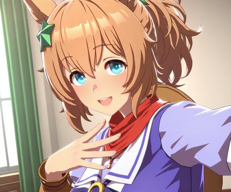 masterpiece, best quality, amazing quality, , 1girl, solo,  looking at viewer,   <lora:Taiki Shuttle in game style 3D ILL-v2:1> ummsmingame, 3d, taiki shuttle \(umamusume\), smile, open mouth, (tracen school uniform),