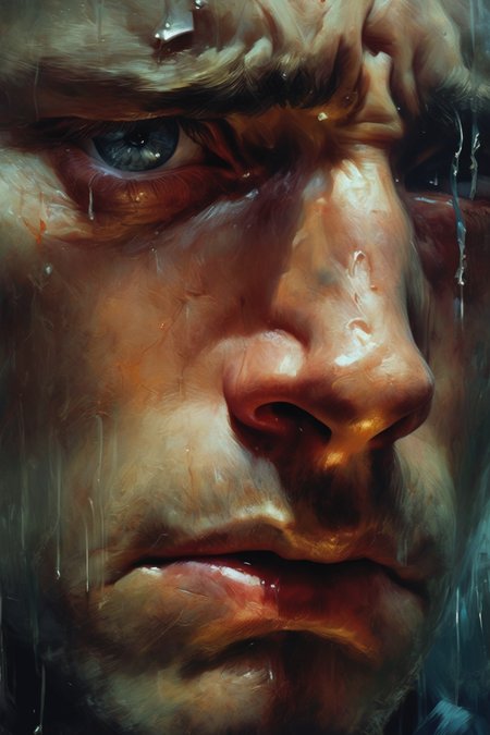 <lora:Sam Spratt Style:1>Sam Spratt Style - A close-up image of the man's face expressing a deep emotional revelation, with perhaps a tear escaping his eye to signify its depth and intensity
