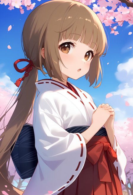 1girl,
yorita yoshino,


blush, hakama, solo, cloud, hair ornament, own hands together, looking to the side, japanese clothes, ponytail, blue sky, looking at viewer, skirt, cloudy sky, blunt bangs, from side, light brown hair, :o, red hakama, flower, cherry blossoms, ribbon, open mouth, wide sleeves, hair ribbon, white kimono, red ribbon, sky, outdoors, kimono, very long hair, hakama skirt, long hair, low ponytail, brown eyes, miko, day, branch, petals,

sfw
<lora:a31_char_new_yorita_yoshino-000016:1> <lora:a31_style_koni-000010:0.8>