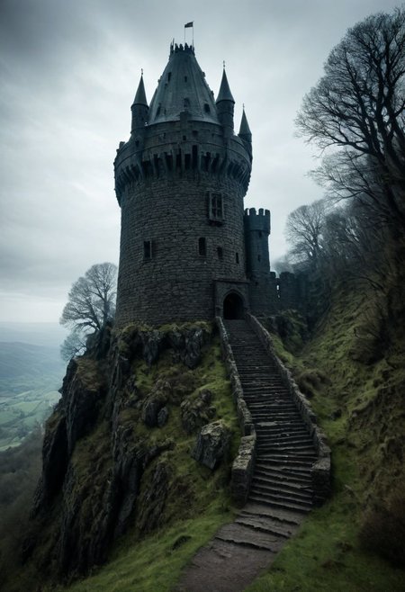 <lora:TheWeirdies_epoch_10:0.78>, epiCPhotoGasm-colorfulPhoto  , advntr ,
score_9, score_8_up, score_7_up, score_6_up
Durlag's Tower was a large tower that was said to be haunted by a powerful entity, as well as one that housed immeasurable treasure. ((game of thrones aesthetic, cinema still from dynamic scene, sweeping vista overlook)),, son of Bolhur the Clanless,  Many adventurers sought his treasure over the decades, with varying degrees of success. Around 1372 DR, rumors said a fiend had taken up residence within the remains of the tower and used the defenses created by Durlag to keep both itself and the treasure safe. Some claimed that this creature was a lich.
no humans
((massively large towering fortress, dark woods surround, built of volcanic stone, mountain, dark, ballistas on the battlements))
