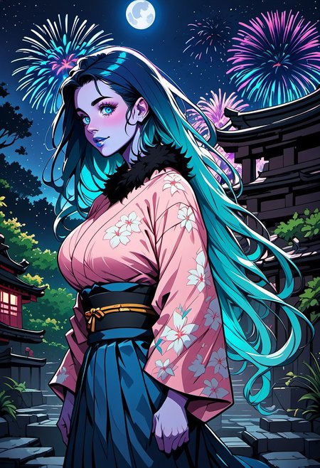 commix style, score_9, score_8_up, score_7_up, 1woman, mature, (blue skin:1.3), detailed blue eyes, large round eyes, bright eyes, (long dark blue hair:1.4), fiery hair, gradient_hair to light neon blue, (very long hair), blue lipstick, huge breasts, fur collar, pink kimono, floral print, obi, blue hakama skirt, outdoors, shrine, night, moon, dark, fireworks,