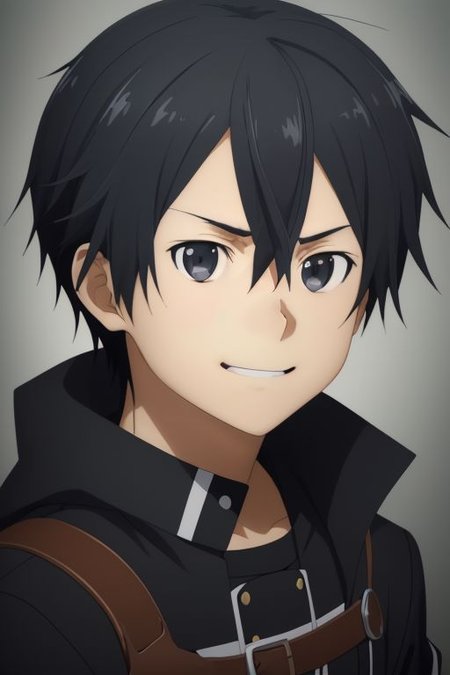 high resolution, solo, best quality, 1Boy, Kazuto Kirigaya, portraits, Black Hair, Black Eyes, portrait, looking at viewer, angry, smile, OverallDetail