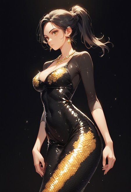 score_9, score_8_up, score_7_up, score_6_up,  
1girl, black hair,ponytail hair, eve_girl_v1,black_evening_dress, mermaid dress, sequin black dress,bodycon,
gold necklace,gold diamond earrings,standing,
(sample background:1.2),(black background:1.2),
cowboy shot,