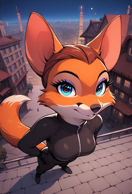 score_9, score_8_up, score_7_up, score_6_up, score_5_up, score_4_up, source_furry
night city, night, city background, moon in the sky
1girl, anthro fox, femme_appeal, black bodysuit, full body, detailed face, detailed eyes, looking at viewer, climbing the wall, upper angle view, close view