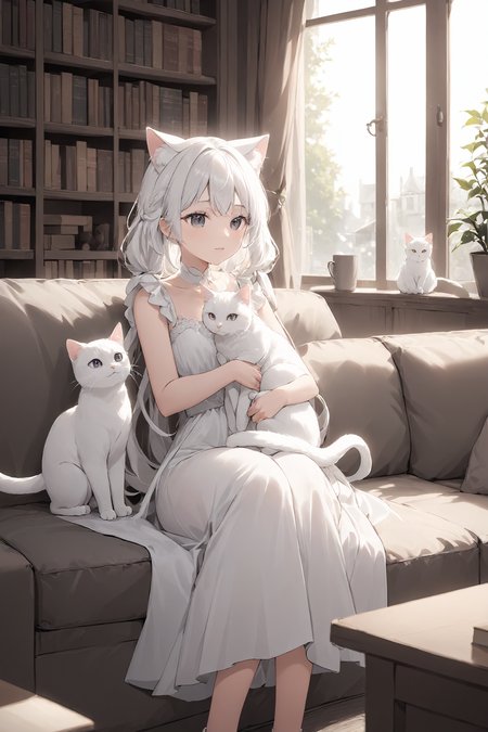(masterpiece),(highest quality),highres,(an extremely delicate and beautiful),(extremely detailed),
a young girl with white hair and wearing a white dress sits on a couch, embracing a white cat, She has cat ears and a tail, showing her to be a feline creature like human,  with a window letting in natural light and a bookshelf full of various books, Nearby, one can see a cup placed on a table,
depth of field, blurry foreground, blurry background,
<lora:hinaigirl-animagine-civitai:0.7>