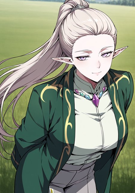 <lora:Alanis_Emeria__The_Beginning_After_the_End__Illustrious:1>
Alanis_Emeria_green_uniform_elf_gems, 1girl, solo, long white hair, ponytail, pointed ears, elf, pale skin, violet eyes, narrow eyes, green jacket, loose jacket, gold trim, wide sleeves, light green high-collar shirt, gemstone collar, purple gem, blue gem, gray pants, formal outfit, fantasy uniform
score_9, score_8_up, score_7_up, very aesthetic, source_anime, detailed, high quality, beautiful, masterpiece, detailed eyes, field, blurry background, pose dynamic angle, upper body, cowboy shot, light smile, floating hair, half-closed eyes, hands behind back, leaning forward, looking forward, looking at viewer