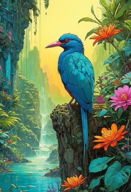Artwork, a digital artwork,  close up image of 1paradise bird, colorful, jungle, plants, flowers, water, vibrant colors, highly detailed, aesthetic, great lighting, extremely detailed, perfect composition, a vibrant tissue of hues and textures captured digitally, best quality, realistic, captivating, intricately detailed, hyper detailed, maximalist style, dynamic lighting, superb composition, finest details, highest aesthetics, best quality, sharp focus, high contrast, stylized, clear, colorful, ultra quality, whimsical, fantastic, splash art, intricate detailed, hyperdetailed, maximalist style, hyper detailed, maximalist style, concept art, sharp focus, harmony, serenity, calm, mysterious glow, dynamic lighting, superb composition, sharp focus, high contrast, stylized, clear, colorful, ultra quality, best quality, ,..(anime,cyberpunk,Moebius (Jean Giraud) Style page), comicbookpencils