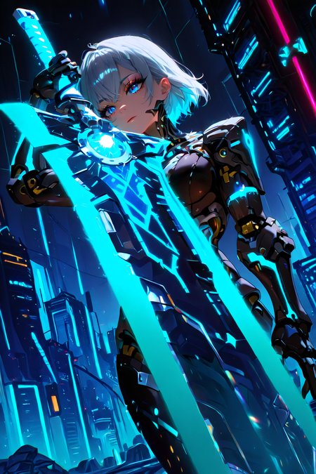 SilverPulse, runesword, 1girl, dynamic angle, A close-up shot of a cyborg girl's giant energy sword in a science fiction setting, The sword is glowing with a bright blue energy, Katana, The cyborg girl has blue eyes and her skin has a metallic sheen, She is wearing a dark outfit with multiple wires and circuits visible on her arm, The background is a futuristic city with tall buildings and neon lights, [(cyber background:1.2)::0.2], (matrix background:1.2), masterpiece, best quality, amazing quality, very aesthetic, absurdres, highres, newest, intricate details, high contrast, blight face, eyelashes, brilliant skin, shiny skin, perfect hand, HDR, 8K, <lora:SilverPulseMorphXL:1> <lora:RuneSwordXL:0.95> <lora:Anime_Style_For_Pony:1>