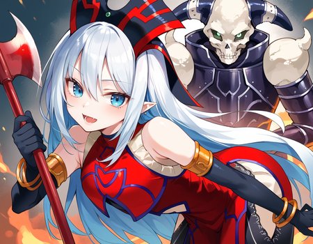 (score_9:0.9),score_8_up,score_7_up,rating_safe,anime style,(zPDXL),(zPDXL3),<lora:Ruin Queen of Oblivion ponyXL v1.1:0.8>,ruin queen of oblivion,1girl,1boy,open mouth,axe,skull,black elbow gloves,looking at viewer,solo,clothing cutout,red headwear,red dress,demise king of armageddon,full armor,bent over,