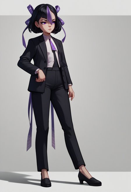 score_9, score_8_up, score_7_up, source_anime BREAK 1girl, solo, standing, <lora:syuen-nikke-richy-v1_pdxl:1> syuen, purple eyes, black hair, streaked hair, short hair, bangs, hair ribbon, business suit, open jacket, black blazer, necktie, black pants, long legs, standing, full body,