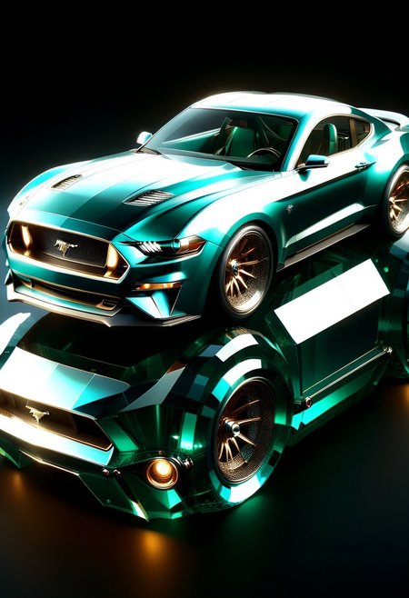 A futuristic car made entirely of transparent crystal that has  hints of a 1966 Ford Mustang convertible. It is  entirely made out of transparent glass crystal, ultra detailed, enhanced, prismatic colors, render, CRU, sharp, 8k, octane render, cinema 4d, blender, dark, atmospheric 4k ultra detailed, cinematic, Sharp focus, big depth of field, Masterpiece, colors, 3d octane render, 4k, concept art, hyperrealistic, Vivid colors, extremely detailed 8k wallpaper, Intricate, High Detail. Car has square LED headlights, a glowing LED Ford mustang  emblem. LED running lights  Car is in a futurist high tech dealer showroom on a circular platform that is lit from below. The car has several spotlights on it which only enhance the crystal.  camera is looking down and sideways as the car. emeraldmorph