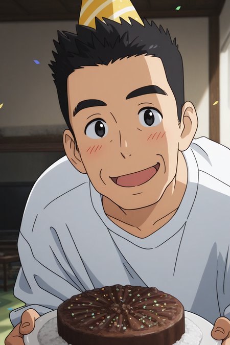realistic shading, cute theme, holding a cake, male focus, leaning forward, looking at viewer, cute expressive face, minodaoi, black_minodaoi_short hair, black_minodaoi_eyes, old man, 1boy, party hat, happy, blush lines, shiny skin, wide smile, shirt, indoors living room, confetti, festive, dynami angle, intricately detailed illustration, depth of field, atmospheric perspective, masterpiece, best quality, amazing quality, very aesthetic, absurdres, newest, anime screencap
