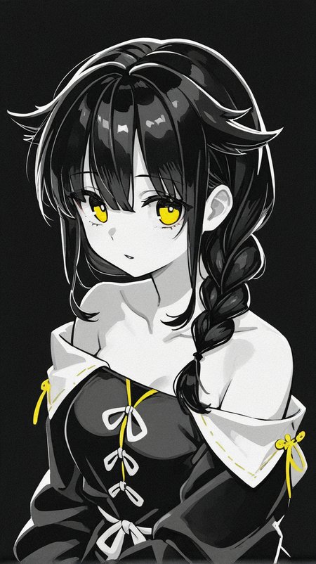 1girl, solo, looking_at_viewer, bangs, simple_background, long_sleeves, hair_between_eyes, bare_shoulders, collarbone, monochrome, yellow_eyes, upper_body, braid, greyscale, parted_lips, off_shoulder, single_braid, black_background, hair_flaps, side_braid, spot_color, off-shoulder_shirt