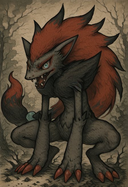 masterpiece, best quality, no humans,    <lora:ZoroarkPokedex_IXL_v1:0.8>,    zzZoroark, forest clearing, shattered moonlight, crouching pose, tension in the air, fog weaving through the trees â In the heart of a silent clearing, zzZoroark crouches low to the ground, claws spread, eyes locked on something hidden beyond the fog. Moonlight spills through broken branches above, fragmented by the canopy, casting sharp shadows that stretch like claws across the mossy floor. looking at viewer, glowing eyes, face focus,   y0k4i,  <lora:YokaiPokedex_IXL:1.3>,
