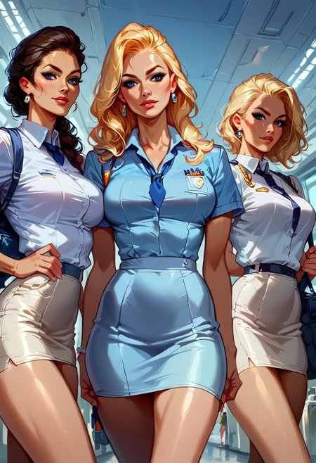 score_9, score_8_up, score_7_up, , 3girls,  attractive, Full hourglass body, stewardess, pencil skirt, flight attendant, commercial line flight attendant uniform, <lora:Expressive_H:0.8>, standing, pinup pose, cowboy shot, pose variation, outfit variation, hairstyle variation
