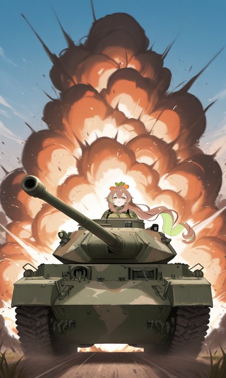masterpiece,best quality,absurdres,very aesthetic,very awa,highres,newest,year 2024,year 2023,<lora:xmc_v0.3_noobai_cwhj_946906:0.8>,<lora:illustrious_best_quality_v1_1021798:0.8>,<lora:add-detail-xl:0.9>,<lora:Periru_Vtuber_1503428:0.7>,PeriruILXL,virtual youtuber,multicolored hair,brown hair,green hair,hair ornament,food-themed hair ornament,brown eyes,hair between eyes,very long hair,
masterpiece,best quality,absurdres,ultra-detailed,high resolution,<lora:MilitaryCamo:1>,military_camouflage,1girl,ground vehicle,motor vehicle,solo,helmet,parted lips,military vehicle,virtual youtuber,explosion,blush stickers,tank,