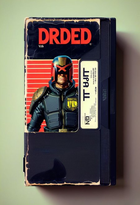 vhs-box, text focus, english text, "I AM THE LAW" text, vhs casette, retrowave, BREAK  judge dredd movie vhs box, jdgdrdd on the cover,  helmet, red eyes, coffee cup, military uniform, BREAK red stripes, sans serif font, retro, logo parody, vhs black case, E-180, logo parody, VHS, "COFFEE" text, handwriting, masking tape overlay, object focus, vhs tape