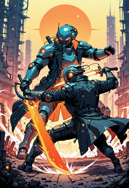 masterpiece, ultra detailed, ultra-detailed, 32K, very aesthetic, 2d, 1man, full armor, black trenchcoat, open coat, hi-tech, sci-fi, ruins, orange glow, dynamic pose, fighting stance, (motion effect:1.5), dual wield, holding swords, glowing blade, zzCitronLegacy, in the style of cknc,
