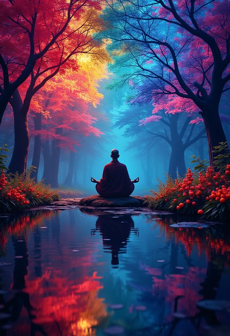 Double exposure effect, outline of a monk meditating, inside a monk meditates by a pond with large rainbow colorful trees and flowers surrounding him.  photorealistic, vibrant colors, cinematic, science fiction, neon-lit background, aidmaglow