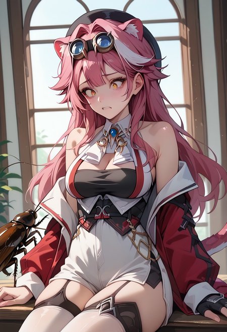 score_9, score_8_up, score_7_up, adult woman,
(scared:0.8),
cockroach, bug, giant cockroach sitting on a window,
RaoraPanthera, cat ears, single white streak, long hair, black hat, goggles on head, detached collar, brooch, white shirt, sleeveless shirt, red jacket, cleavage, black corset, white shorts, high-waist shorts, fingerless gloves, single glove, garter straps, white thighhighs, cat tail,
indoors