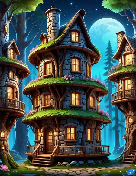 Character Design Sheet of high quality, masterpiece, forest scene, cute 3 storey stone round house, lots of windows, chimneys, flowers at the front, night time <lora:extremely_detailed:0.4> extremely detailed   <lora:BorkStyle:0.8> Jed-brk  <lora:CS3:0.8> Cyberspace, Digital Cyberspace theme, ((created by glowing magical energy in cyberspace)), character reference sheet, character turn around