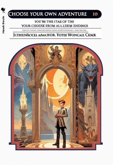 choose your own adventure, graphic novel illustration, The Magic Mirror Description: The cover features a child looking into an ornate mirror that reflects a fantastical world with castles, dragons, and wizards. The protagonist finds a magical mirror that transports them to a parallel world where they must navigate political intrigue and magical battles to find their way home., detailxl, J.C. Leyendecker Style page