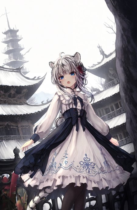 1girl, solo, long_hair, looking_at_viewer, open_mouth, blue_eyes, long_sleeves, dress, animal_ears, standing, tail, white_hair, pantyhose, outdoors, frills, white_dress, blurry, black_pantyhose, feet_out_of_frame, frilled_dress, chinese_zodiac, tiger_ears, architecture, tiger_tail, tiger, year_of_the_tiger, white_tiger