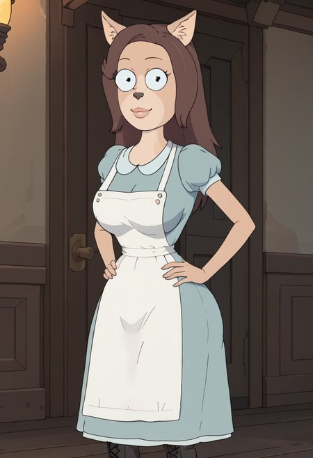 ((bedroom background)),score_9, score_8_up, score_7_up,score_6_up, 
1girl, Solo, furry, Arthricia_RaM, feline, cat nose, pointed ears, cat ears, black eyes, light brown fur, darker brown hair, hair flowing, light blue dress, white apron, long black boots, huge breasts, smile, narrow waist, huge hips,huge thighs, huge ass, big eyes, perfect lips, perfect smile, cowboyshot, perfect eyes, perfect face, hands on hips, looking at viewer, perfect pupils, black dot pupils