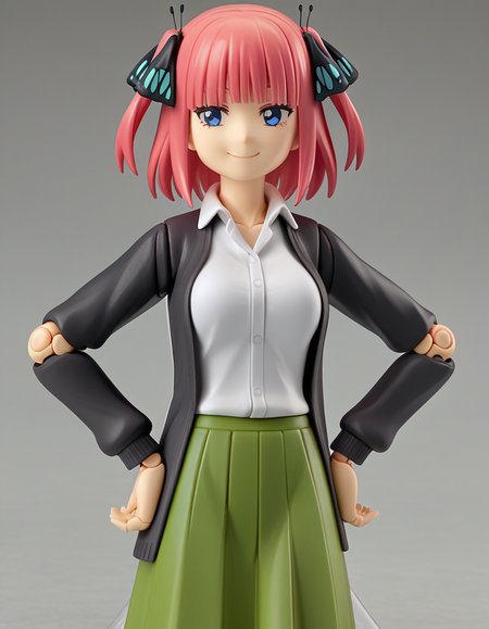 score_9, score_8_up, score_7_up, source_anime,
ninonakano, <lora:nino-nakano-s2-ponyxl-lora-nochekaiser:0.5>, 
nino nakano, short hair, bangs, blue eyes, hair ornament, hair ribbon, pink hair, blunt bangs, two side up, butterfly hair ornament, mature female,
skirt, shirt, long sleeves, white shirt, pleated skirt, open clothes, collared shirt, sleeves past wrists, dress shirt, cardigan, green skirt, open cardigan, black cardigan,
<lora:figma-figurines-ponyxl-lora-nochekaiser:1>, figma figurines, 1girl, solo, 3d, joints, doll joints, smile, hands on own hip, smug,