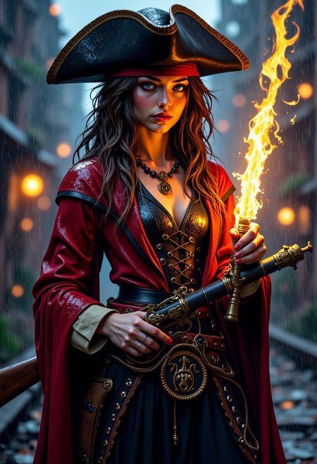 mythp0rt, ultra high quality of mythp0rt, bucaneer pirate girl in the rain  wearing  pirate triangle hat, cowboy shot, with ornate dagger, the scene is dark only lit by the yellow fire from the gunshots, salt pistol, black red and gold attire, pirate costume, quality shadows best quality
