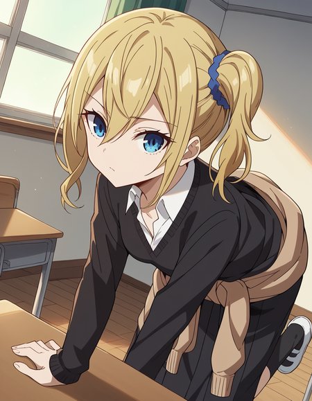 score_9, score_8_up, score_7_up, source_anime,
aihayasaka, <lora:ai-hayasaka-s3-ponyxl-lora-nochekaiser:1>,
ai hayasaka, bangs, blue eyes, blonde hair, hair ornament, hair between eyes, sidelocks, side ponytail, scrunchie, hair scrunchie, blue scrunchie,
shirt, long sleeves, school uniform, shoes, socks, sweater, cardigan, black socks, clothes around waist, shuuchiin academy school uniform, sweater around waist, cardigan around waist,
indoors, classroom, bent over,
looking at viewer, cowboy shot, dutch angle, solo,