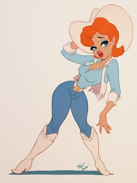 score_9, score_8_up, score_7_up, score_6_up, score_5_up,  <lora:texaveryXLP:1> tex avery, 1girl, orange hair, solo, lipstick, blue eyes, short hair, cowboy western, boots, cowboy hat