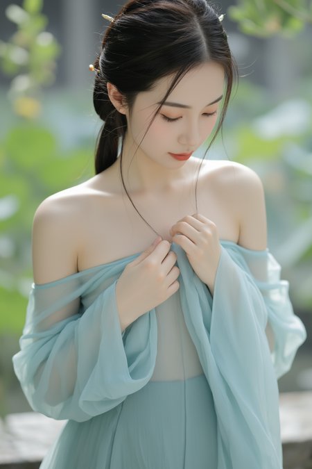 <lora:ãéº¦æ©éè¡£ãMajicflus:0.7>, qingyi, In the soft morning light, a close-up captures a delicate young woman wearing a cyan translucent hanfu, with her bare shoulders and arms subtly visible. She gently adjusts her loose neckline, the skirt ending just above her knees for a breezy and minimalist appeal. Her loosely styled updo is adorned with small jade pins. The background features a misty lotus pond and swaying leaves.âââ