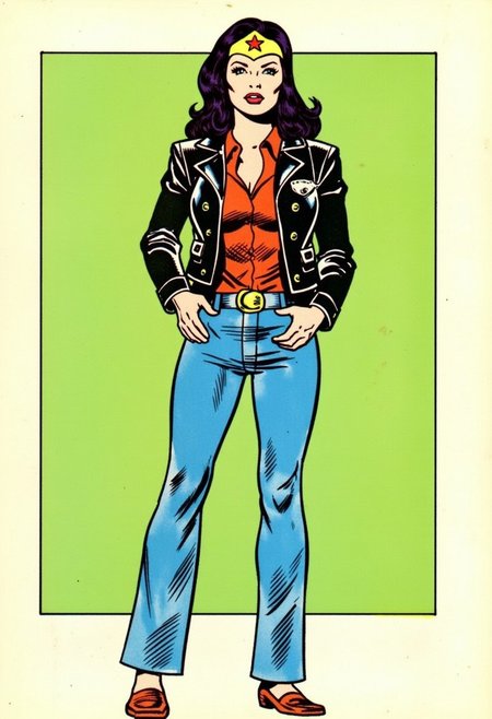 retro_comics style, Wonder Woman but instead she's wearing a conservative outfit with denim slacks and a leather jacket, Donna Troy needs to be on Civitai Green!