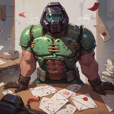 score_9, score_8_up, score_7_up, high quality, doomguy, 1boy, armor, helmet, doomguy writing a friend a letter, sitting at a desk, happy vibes,