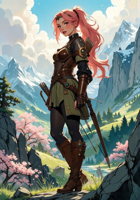 Anime art, Full-length, gorgeous fantasy warrior, long pink hair in a high ponytail, tiara, tight brown leather armor, standing on a hill. Big, full, high breasts, tight waist, round thighs, green eyes, no blush. Small green skirt, knee-high brown leather boots. Backdrop of fantasy highlands in spring, bright and growing spring colors with patches of snow, icy lakes and wooded areas, full of blossoming cherry trees, topknot ponytail hairstyle, diffused lighting, determined facial expression, intricate armor details. holding a bow, arrow quiver on back. <lora:aidmaMJ6.1_v0.5_3:0.5>,  <lora:Anime Art V3_Flux:0.5>, <aidmamj6.1>, <painted world>
