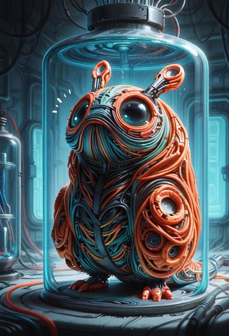 (masterpiece, best quality, high quality, highres), very awa, highres, absurdres, 
(chii-kun \(seedyoulater\):0.3), (naguru \(cyoroama\):0.3), 
(cyborg slug:1.1), 
mad-cable,
(no humans:1.1), (cute:1.2), comfy, solo, cozy, 
laboratory, surprised,
